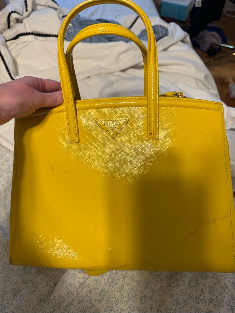 Prada BN2535 Galleria Saffiano Vernice Tote in Girasole Yellow with double COA! - Picture 8 of 16